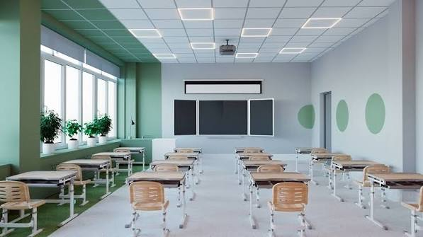 A bright classroom with active student learning and a calm teaching environment